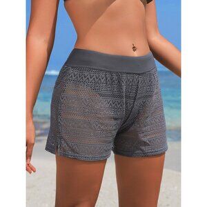NEW UPF 50+ Crocheted Overlay Swim Bottoms Beach Shorts Built in Brief Swimsuit